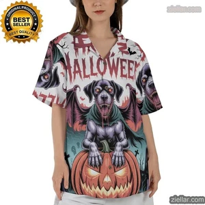 Gruseliger Zeiger Hund Halloween Hawaiihemd mit Kürbis Print und Fledermaus Flügeln - Bild 1 von 6