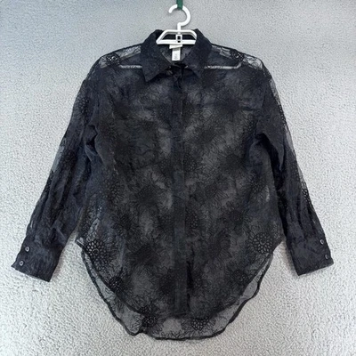 Sandra Mansour x H&M Top Womens M Black Floral Sheer Button Up Boho Goth Fairy - Image 1 of 4