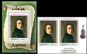 1969 Liszt,music composer,Opera"Liebestraum",Ajman,s/s+TAB/Right pair IMPERF,MNH - Picture 1 of 1