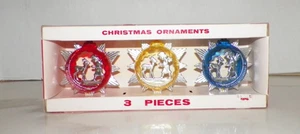 VINTAGE JEWELBRITE 3 CHRISTMAS ORNAMENT SET NIB RED YELLOW & BLUE - Picture 1 of 9