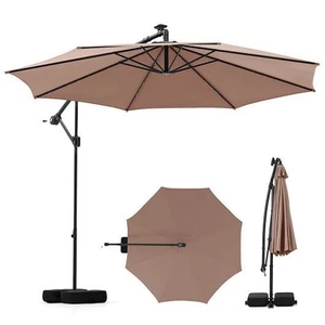 10 Feet Solar Offset Hanging Umbrella with Base and LED Lights-Coffee - Color: C - Picture 1 of 1