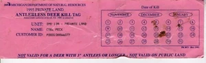 1995 MICHIGAN DNR ANTLERLESS DEER BACK TAG KILL TAG #2-MICHIGAN DEER-BEAR - Picture 1 of 1