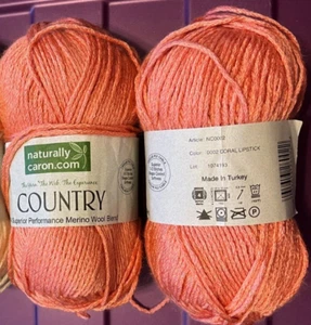 Lot of 2 Naturally Caron COUNTRY Yarn - Coral Lipstick color (5.6 oz. combined) - Picture 1 of 2