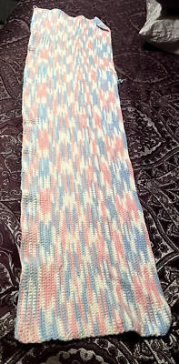 Handmade Crochet Baby Afghan Blanket Pink & Blue Unisex Crib runner knit 52x14 - Image 1 of 4