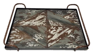 Geometric Rustic Wooden Serving Tray with Metal Spiral Handles 13.5"x19.5" - Picture 1 of 13