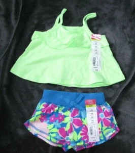 OKIE DOKIE TANK RUFFLE SWING SHIRT TOP SHORTS NEON GREEN FLORAL SUMMER 3-6 NWT - Picture 1 of 2