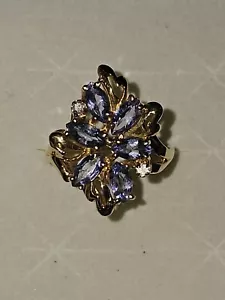 14k Yellow Gold Natural Tanzanite Diamond Accent Cocktail Ring Size 7 - 3.46g - Picture 1 of 6