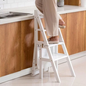 Folding Library Ladder Chair Wood Step Stool Decor Shelf For Home Kitchen Closet - Picture 1 of 14
