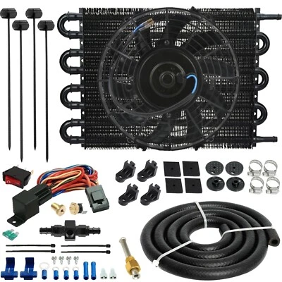 8 PASS TRANS-MISSION OIL COOLER ELECTRIC FAN 6AN HOSE THERMOSTAT TEMP SWITCH KIT - Image 1 of 4