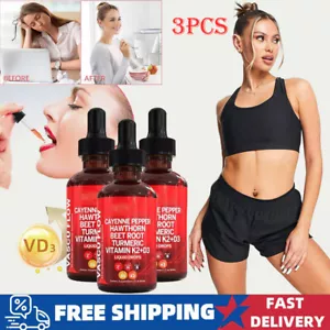3PCS Cayenne Pepper Hawthorn Beet Root Turmeric Vitamin K2+D3 Liquid Drops 60ML - Picture 1 of 13