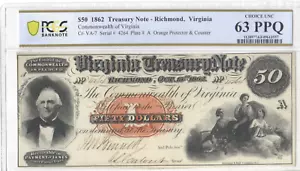 1862 50$ Virginia Treasury Note CR-Va-7 Graded 63 PPQ - Bild 1 von 4