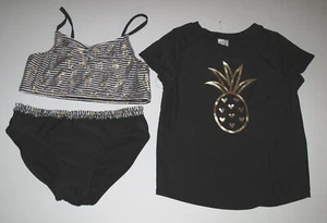 CAT & JACK Girl's S 6/6X 3 Pc Rash Guard Bikini Swimsuit Set Black Pineapple - Picture 1 of 5