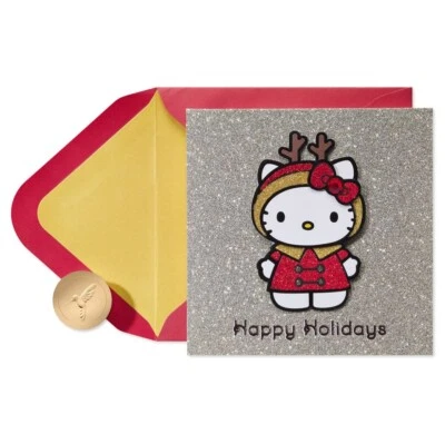 Papyrus Christmas Greeting Card HELLO KITTY Reindeer Glitter - Image 1 of 4