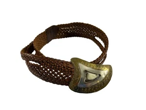 Chicos Womens Belt Size S/M Morocco Brown Braided Leather Metal Buckle Horn Wide - Picture 1 of 7