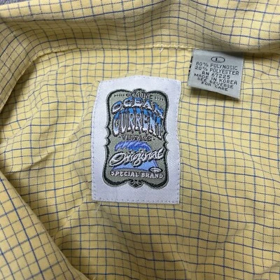 复古 Ocean Current S/S 纽扣男式衬衫黄色棕色格子 L — 第 1/4 张图片