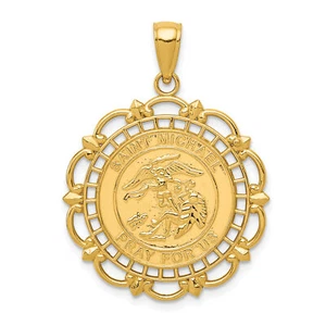 Solid 14K yellow-gold Gold Polished / Satin Saint Michael Medal Pendant - 33mm - Picture 1 of 5