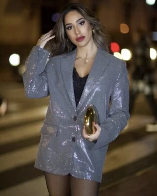 ZARA BNWT 2023. SILVER GREY SEQUINNED BLAZER STRAIGHT FIT. 1255/736 Size L - Image 1 of 4