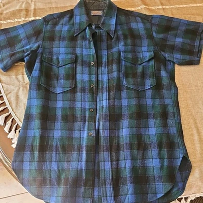 CAMISA A CUADROS PENDLETON DE COLECCIÓN PURA LANA VIRGEN AÑOS 70 Hombre Manga Corta Azul Negro Foto 1 de 4