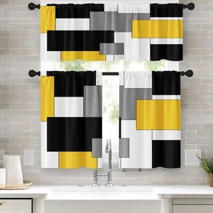 Tayney Yellow Kitchen Window Curtains Valance and Tier Set 36 Inch, Black Gre... - Picture 1 of 7