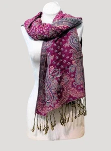 Vintage Paisley Scarf Wrap Shawl 71" X 28" Purple Gold 3" Fringe Boho Chic - Picture 1 of 9