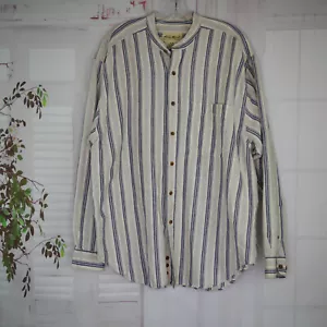 Camicia da spiaggia Eddie Bauer Aloha L blu righe lino bottoni L/S colletto mandarino - Foto 1 di 10