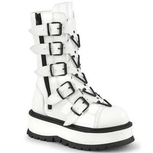 DEMONIA Slacker-160 Women's White 5 Strap Triangle Ring Goth Platform Booots - Picture 1 of 6
