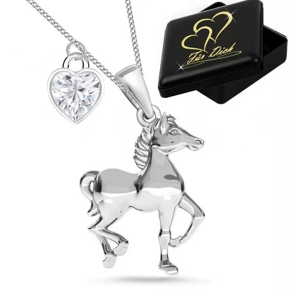Pferd Zirkonia Herz Halskette 925 Silber Mädchen Damen Jungen Tiere Kette - Bild 1 von 2