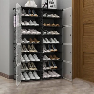 8-Tier 2-Row Shoe Storage Box Shoes Cabinet Case Stackable Container with Doors - Picture 1 of 25
