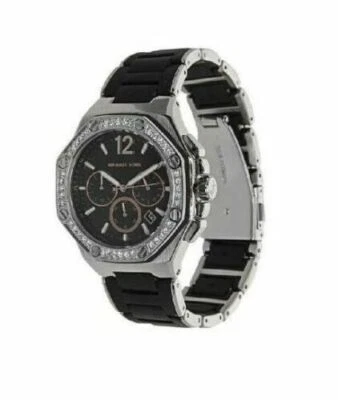 Nuovo Michael Kors Color Argento, Silicone Nero Fascia, Oro Rosa Cristallo Watch - Immagine 1 di 2