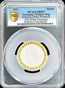 1923 GERMANY WEIMAR POSSNECK GILT WHITE PORCELAIN NOTGELD PCGS MS 67 - Picture 1 of 2