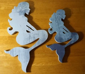 Set of 2 Wood Mermaids Wall Decor Signs 16" Gray & 12" Blue Beach Home Decor NEW - Picture 1 of 5