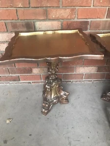 Antique Italian Baroque Carved Wood & Gesso Pedestal End Tables Bronze & Gold - Picture 1 of 12