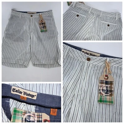 Pantalones Cortos Tailor Vintage Talla 32 Hombre Blanco Azul Rayas 100% Lino Nuevos con Etiquetas YGI R4-44 Foto 1 de 4