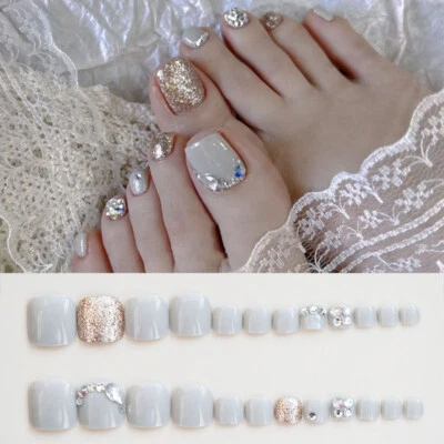 Summer Toe False Nail Sparkly Diamond Short Press on Nails for Nail Art 24pcs ^ - Image 1 of 4