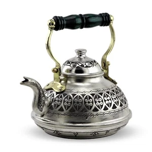 Théière rustique en cuivre forgé en argent gravé type italien 2,4 litres, fait main turque. - Photo 1/3