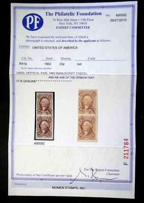 US Revenue Stamp R41a 20c Foreign Exchange Imperforate Pair 1862 with PF Cert - Image 1 of 4