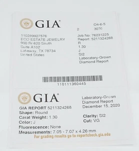 1.3 carat Diamond GIA Cert Round Brilliant RBC Loose Lab Created G024 - Picture 1 of 3