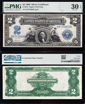 AWESOME Crisp Choice VF++ 1899 $2 "AG/MECHANICS" Silver Certificate PMG 30 EPQ! - Image 1 of 3