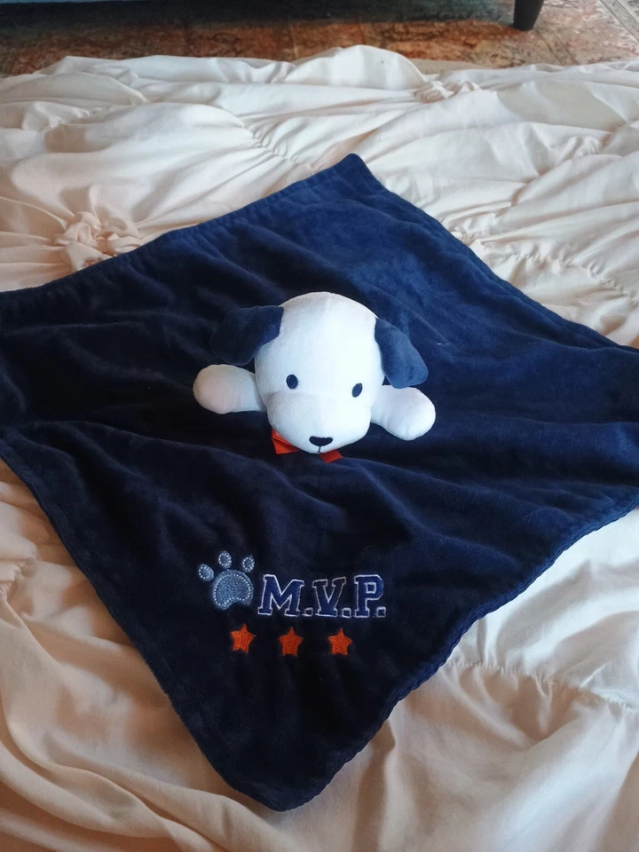 Manta de seguridad Baby Starters cachorro azul sonrisa Lovey satinado orejas traseras sonajero Foto 1 de 4