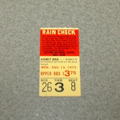 Chicago Cubs 8/15/1973 Ticket Stub vs Atlanta Hank Aaron 2b 1b 2rbi  D. Evans HR - Image 1 of 3