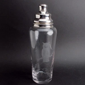 Coctelera Hawkes de plata esterlina y vidrio de 12 1/2" grande grabada búho Art Deco - Imagen 1 de 12