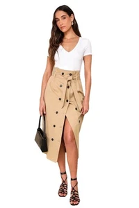 Lulus Edgy Appeal Khaki A-line Twill Pleated Waist Button-Front Midi Skirt Sz L - Picture 1 of 12