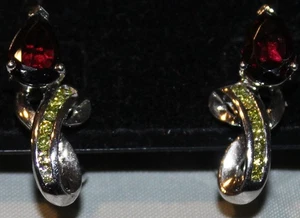Sterling Silver 925 Yellow Diamond Garnet Stud Earrings Pierced 1"Long - Picture 1 of 11