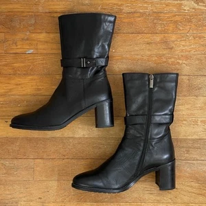 Vintage Black Leather Aquatalia Boots Size 9 Made in Italy 1990s Block Heel - Picture 1 of 9