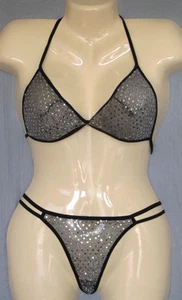 W19 Sexy Women's C-thru Mesh Bra & Thong Set Sequins - Picture 1 of 7