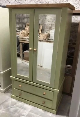 HANDMADE AYLESBURY NEXT (APPLE GREEN+PINE) 2 DRAWER TRIPLE WARDROBE (MIRRORED) - Image 1 of 3