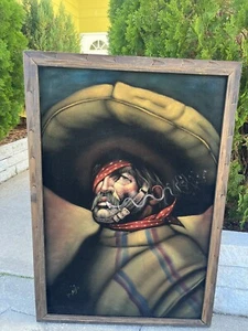 Original Mid-Century Oil on Black Velvet "Bandito Smoking” Signed Baddest Mexico - Picture 1 of 13