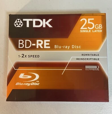 BLU-RAY DISC REWRITABLE TDK BD-RE 25GB SINGLE LAYER 1-2X SPEED BD-RE25JC2XE NEW - Image 1 of 3