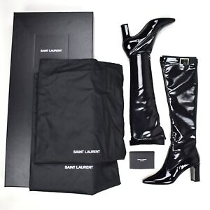 NWT $1590 Saint Laurent YSL Black Patent Leather Twiggy 70 Boots 36.5 AUTHENTIC