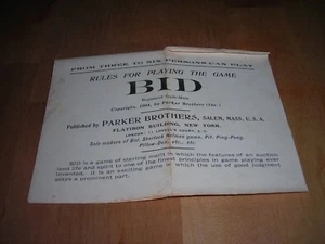 Antike Parker Bros Spielregeln "GEBOT" Copyright 1904 NUR REGELN - Bild 1 von 3